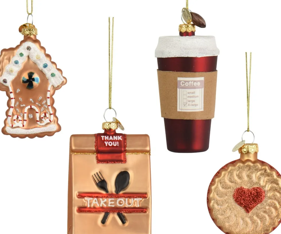 Decoris kerst ornament box boek koffie 5,2 x 2,4 x 7,9 cm 4 stuks