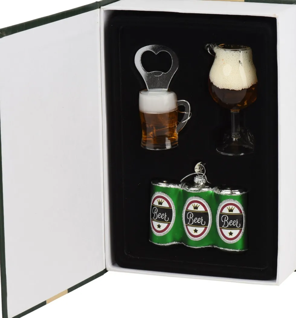 Decoris kerst ornament box boek bier 4,7 x 3,7 x 8,7 cm 3 stuks