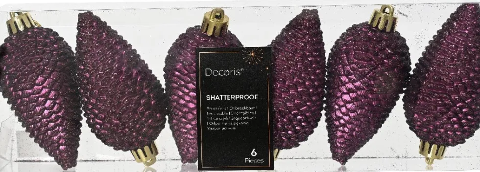 Decoris kerst ornament Manny dennenappel paars 4,5 x 4,5 x 8 cm 6 stuks