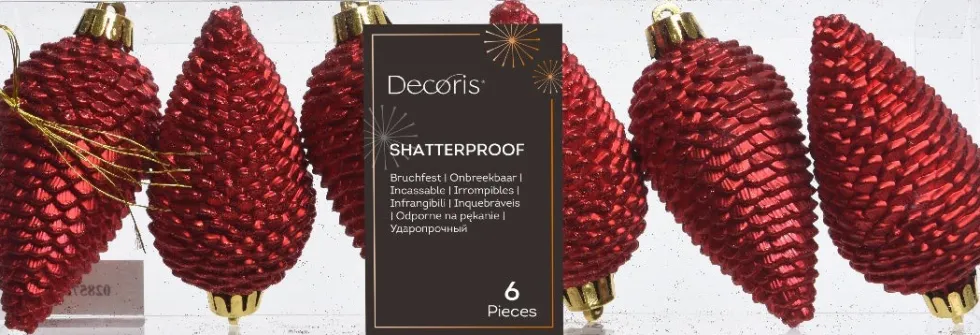 Decoris kerst ornament Manny dennenappel rood 4,5 x 4,5 x 8 cm 6 stuks
