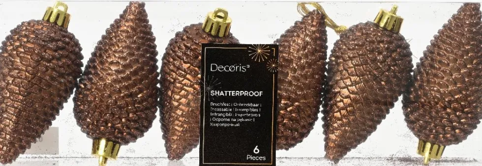 Decoris kerst ornament Manny dennenappel donker bruin 4,5 x 4,5 x 8 cm 6 stuks