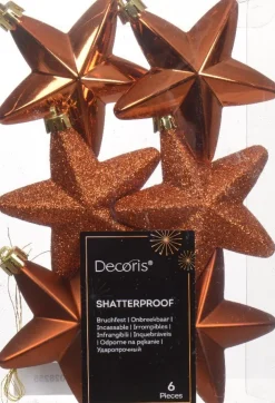 Decoris kerst ornament Marilene ster oranje 2 x 7,5 x 7,5 cm 6 stuks