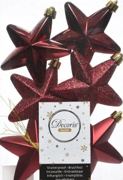 Decoris kerst ornament ster bordeaux 7,5 x 7,5 x 2 cm 6 stuks