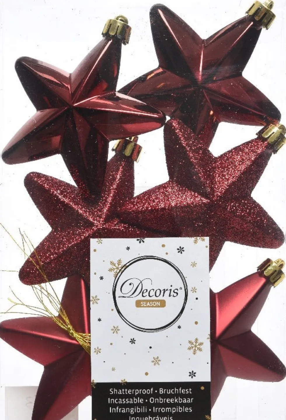 Decoris kerst ornament ster bordeaux 7,5 x 7,5 x 2 cm 6 stuks