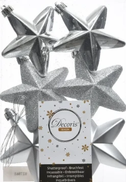 Decoris kerst ornament ster zilver 7,5 x 7,5 x 2 cm 6 stuks
