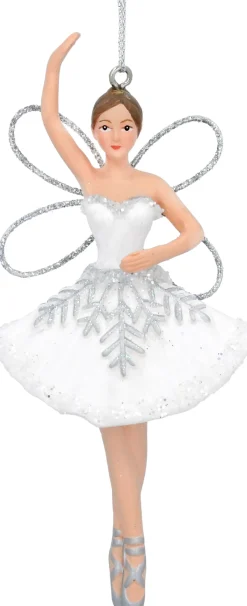 Gisela Graham kerst ornament Carina ballerina vierde positie wit / zilver 6 x 2 x 12 cm
