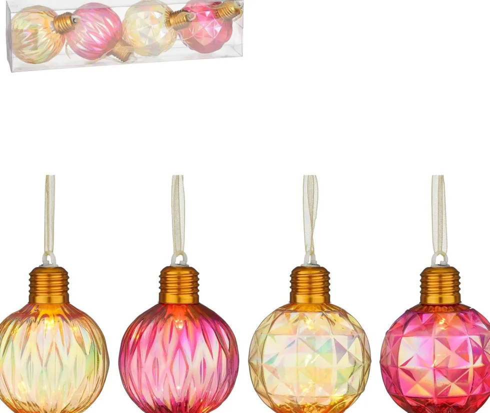 House of Seasons kerstbal Tobias rood / goud met verlichting D 8 cm 4 stuks