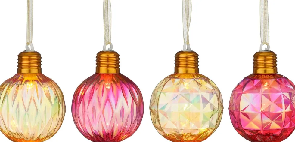 House of Seasons kerstbal Tobias rood / goud met verlichting D 8 cm 4 stuks