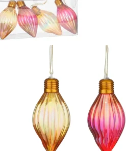 House of Seasons kerstbal Tobias druppel rood / goud met verlichting 7 x 7 x 15 cm 4 stuks