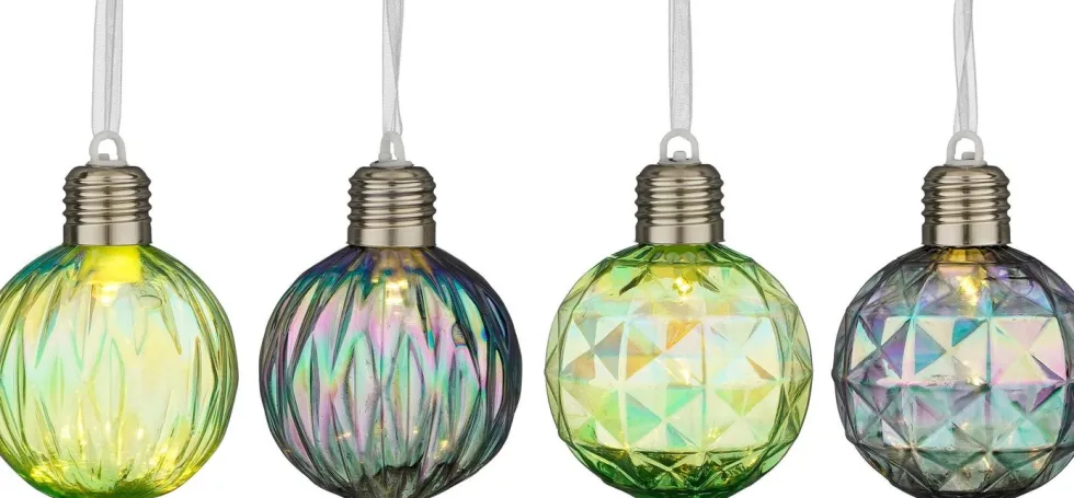 House of Seasons kerstbal Tobias groen / blauw met verlichting D 8 cm 4 stuks