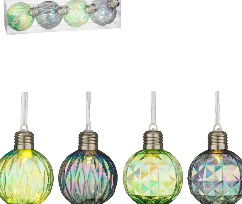 House of Seasons kerstbal Tobias groen / blauw met verlichting D 8 cm 4 stuks