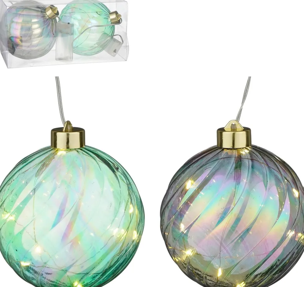 House of Seasons kerstbal Tobias groen / blauw met verlichting D 12 cm 2 stuks
