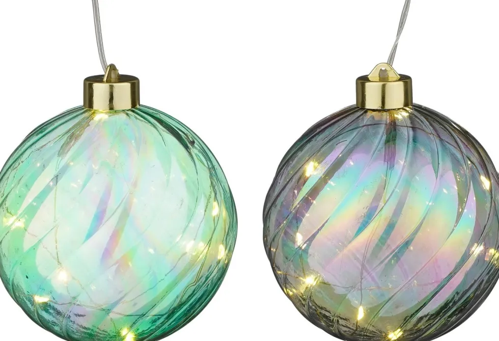 House of Seasons kerstbal Tobias groen / blauw met verlichting D 12 cm 2 stuks