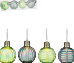 House of Seasons kerstbal Tobias blauw / groen met verlichting D 8 cm 4 stuks
