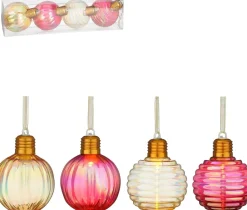 House of Seasons kerstbal Tobias goud / rood met verlichting D 8 cm 4 stuks