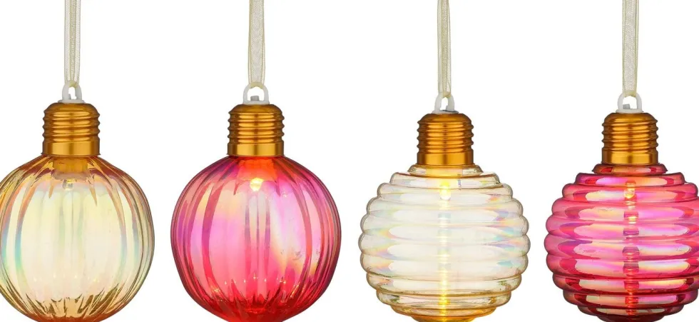 House of Seasons kerstbal Tobias goud / rood met verlichting D 8 cm 4 stuks