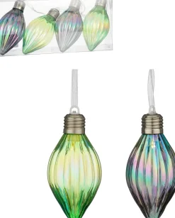 House of Seasons kerstbal Tobias druppel groen / blauw met verlichting 7 x 7 x 15 cm 4 stuks