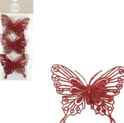 House of Seasons kerstclip Feline vlinder rood 10 x 8 cm 3 stuks