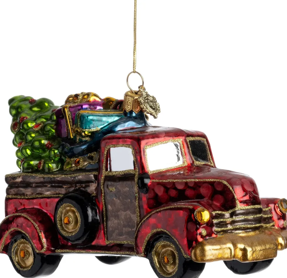 Huras Family kerst ornament Jolly kersttruck rood / goud 17,5 x 7,5 x 17 cm