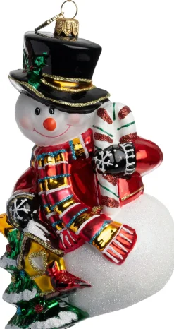 Huras Family kerst ornament Jolly sneeuwpop rood / wit / goud 9,5 x 8,5 x 15,5 cm