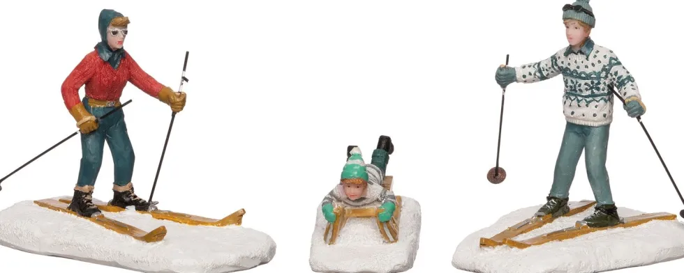 Intratuin Alpen kerstdorpminiatuur skiers en slee 9 x 7 x 7 cm 3 stuks