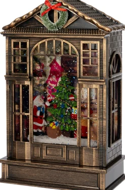 Intratuin automatische sneeuwbol kerstman huis brons met verlichting 16 x 9,3 x 25,6 cm