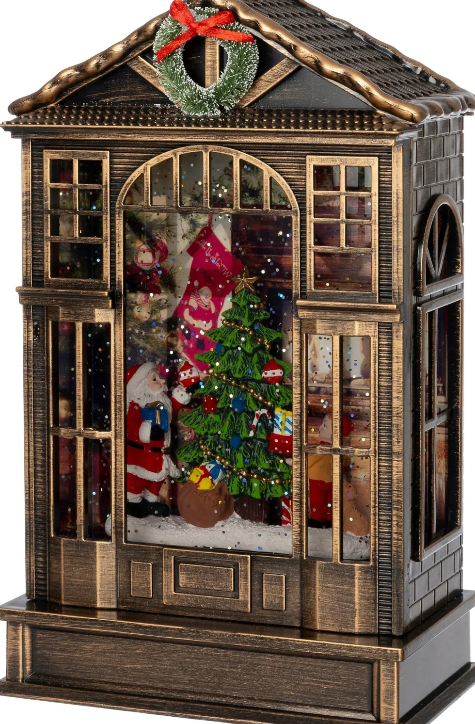 Intratuin automatische sneeuwbol kerstman huis brons met verlichting 16 x 9,3 x 25,6 cm