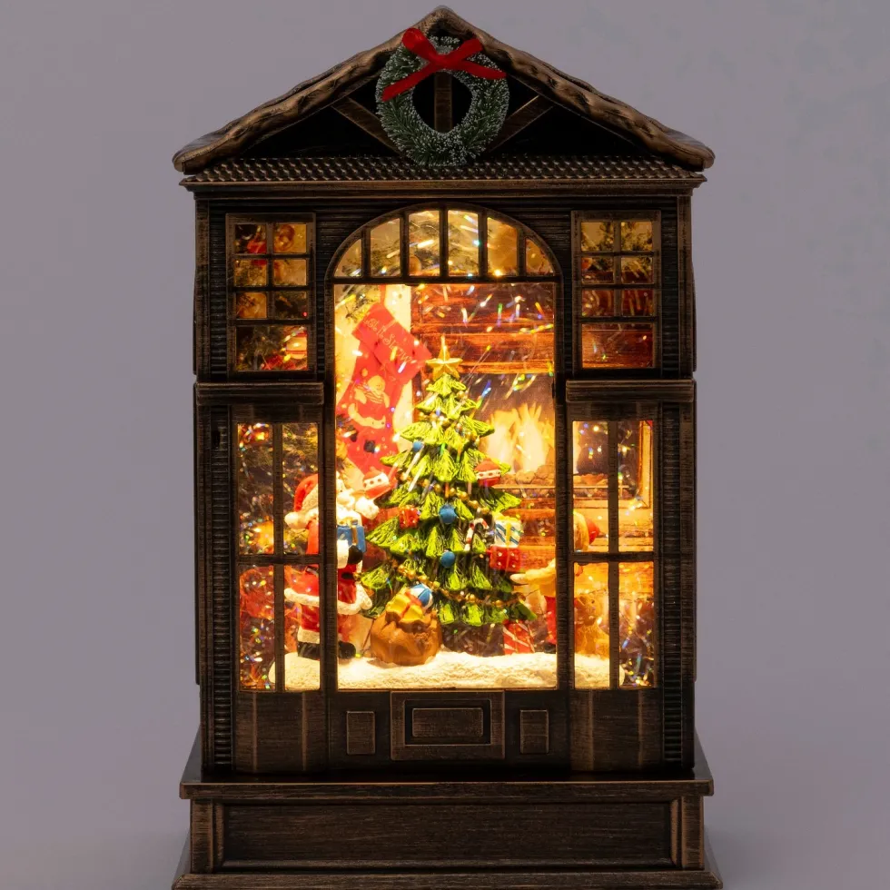 Intratuin automatische sneeuwbol kerstman huis brons met verlichting 16 x 9,3 x 25,6 cm
