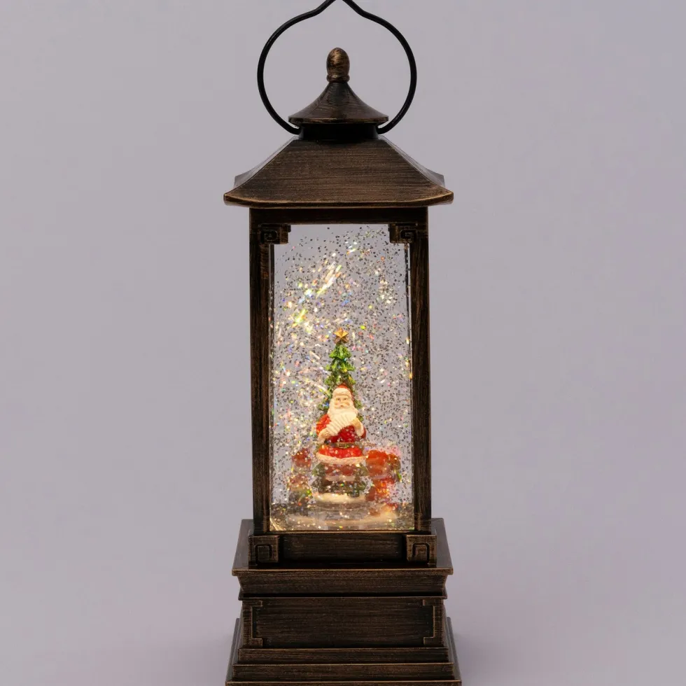 Intratuin automatische sneeuwbol lantaarn kerstman brons met verlichting 10,5 x 10,5 x 28,5 cm