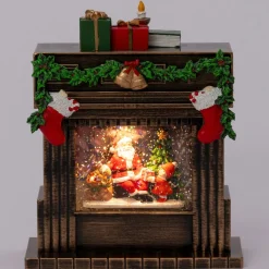 Intratuin automatische sneeuwbol kerstman haard brons met verlichting 19,5 x 9,3 x 23 cm