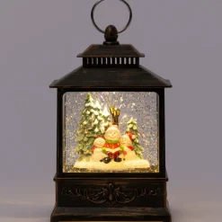 Intratuin automatische sneeuwbol lantaarn sneeuwpop brons met verlichting 12,8 x 7,8 x 21 cm