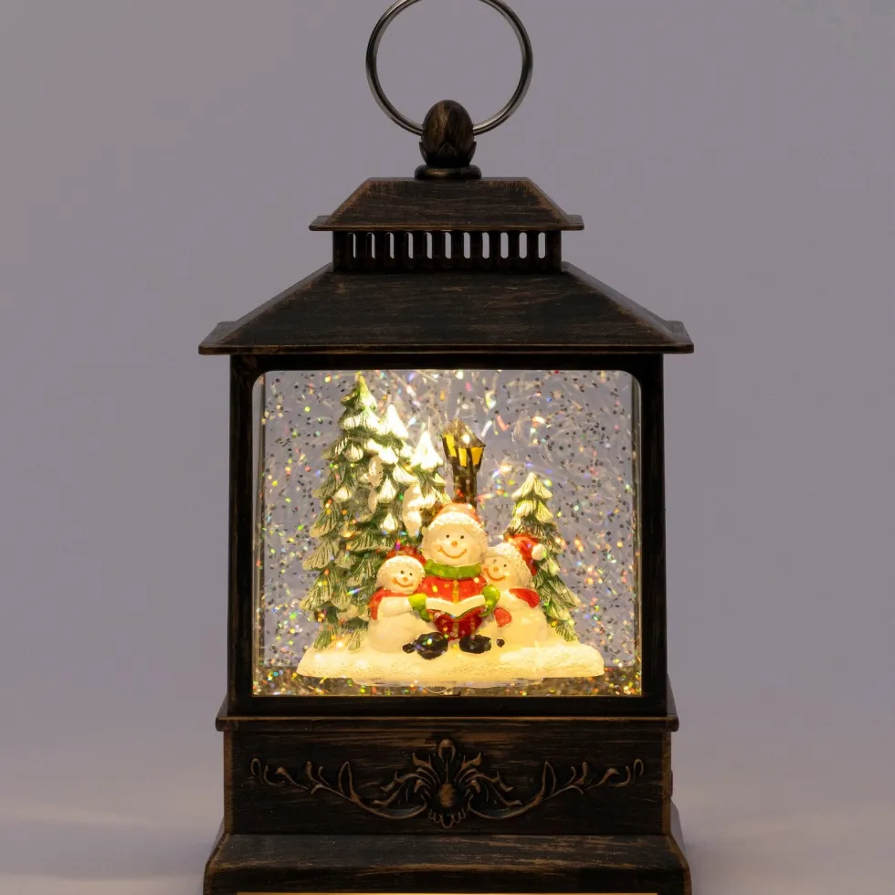 Intratuin automatische sneeuwbol lantaarn sneeuwpop brons met verlichting 12,8 x 7,8 x 21 cm