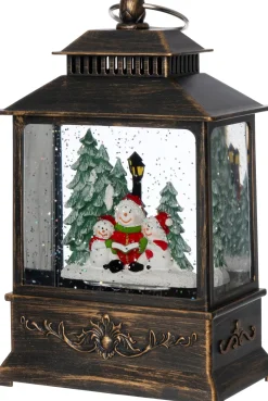Intratuin automatische sneeuwbol lantaarn sneeuwpop brons met verlichting 12,8 x 7,8 x 21 cm