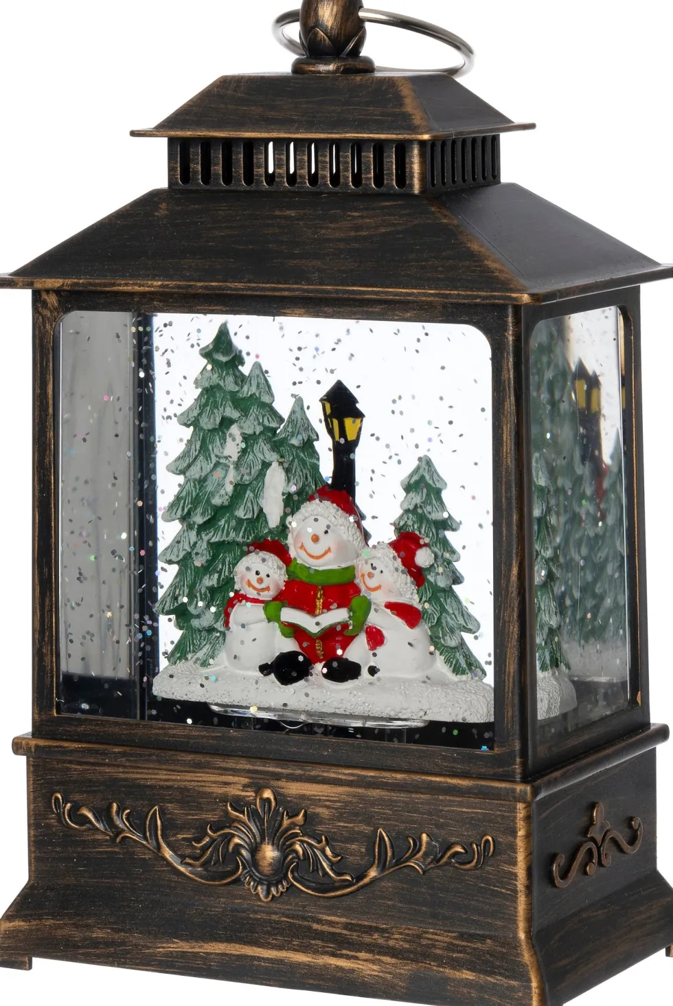 Intratuin automatische sneeuwbol lantaarn sneeuwpop brons met verlichting 12,8 x 7,8 x 21 cm