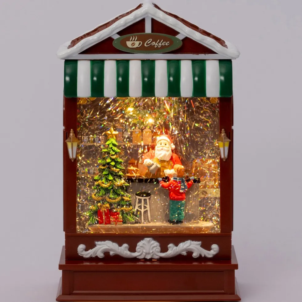 Intratuin automatische sneeuwbol koffiewinkel met verlichting 16 x 9,3 x 25,6 cm