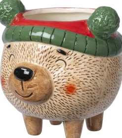 Intratuin bloempot op poten Kerstbeer met muts bruin 13 x 13 x 12,5 cm