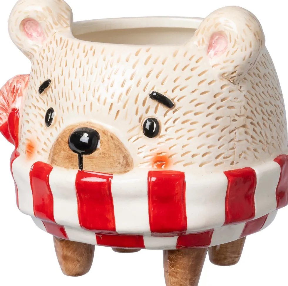 Intratuin bloempot op poten Kerstbeer met sjaal bruin 12,5 x 12,5 x 12 cm