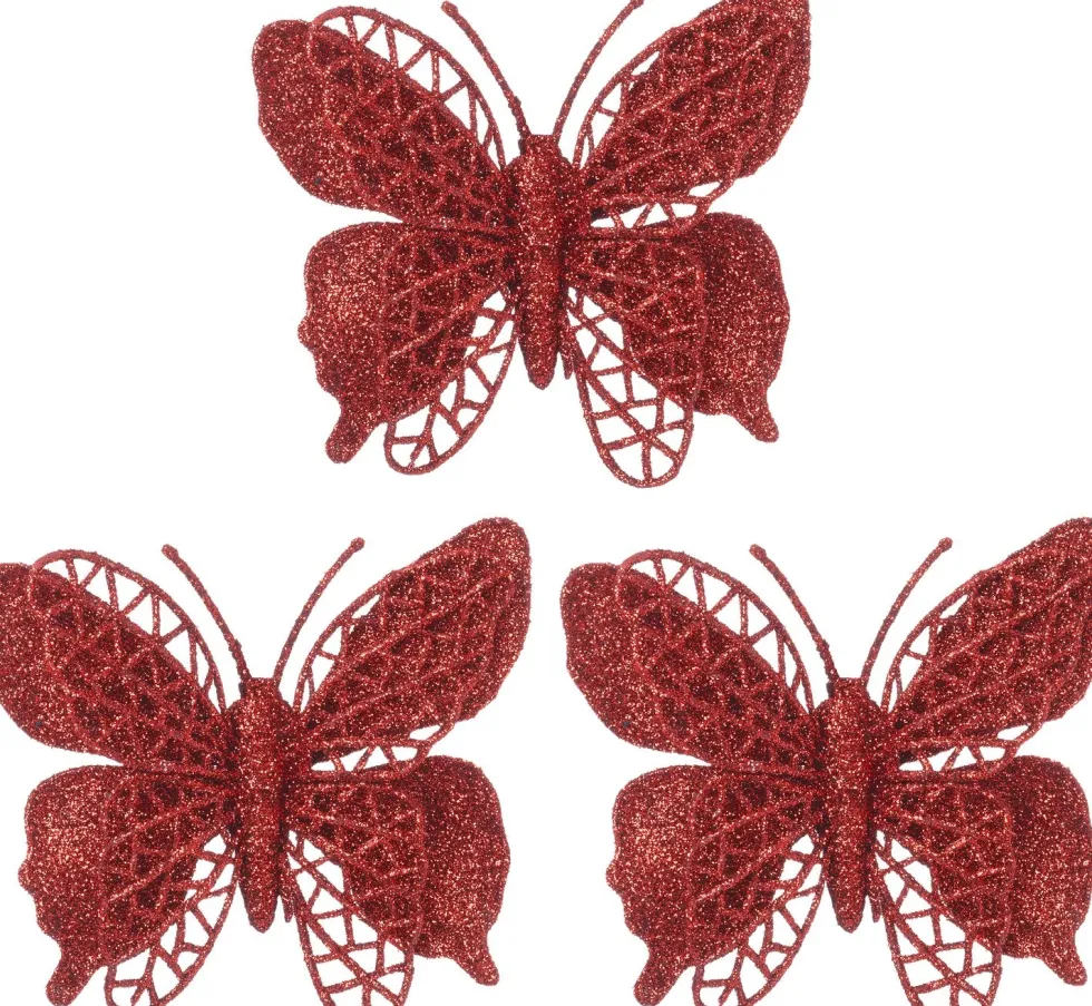 Intratuin kerstclip Laurie vlinder rood 10 x 10 cm 3 stuks