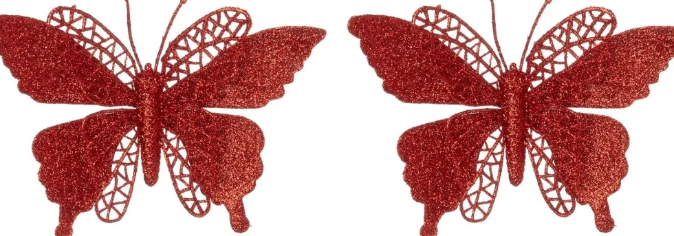 Intratuin kerstclip Siela vlinder rood 18 x 18 cm 2 stuks
