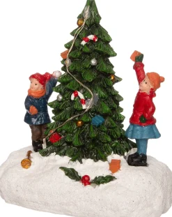 Intratuin kerstdorpminiatuur kerstboom met kinderen 10,5 x 6 x 11,7 cm