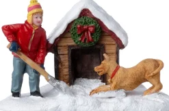Intratuin kerstdorpminiatuur sneeuw schuiven met hond 8,8 x 5,9 x 5,7 cm