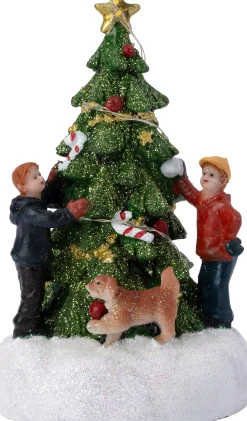 Intratuin kerstdorpminiatuur Durbuy kerstboom met hondje 8 x 6 x 11 cm