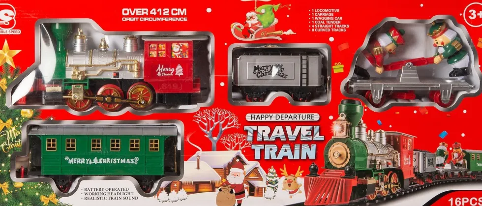 Intratuin kerstdorp treinset rood / groen 64,5 x 7 x 27,5 cm 16-delig