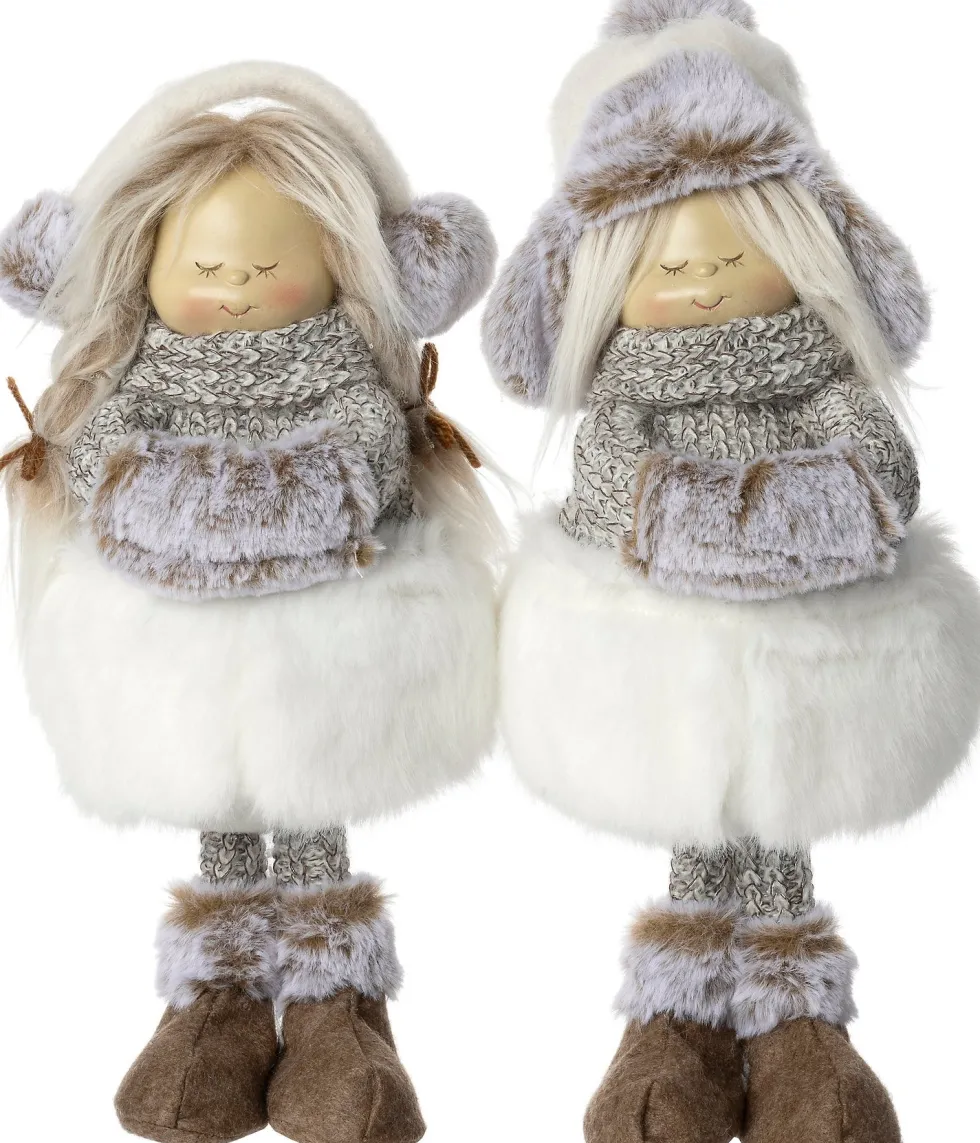 Intratuin kerstfiguur Elbri meisje oorwarmers wit / grijs 13,5 x 13,5 x 32,5 cm