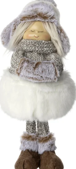 Intratuin kerstfiguur Elbri meisje muts wit / grijs 13,5 x 13,5 x 32,5 cm