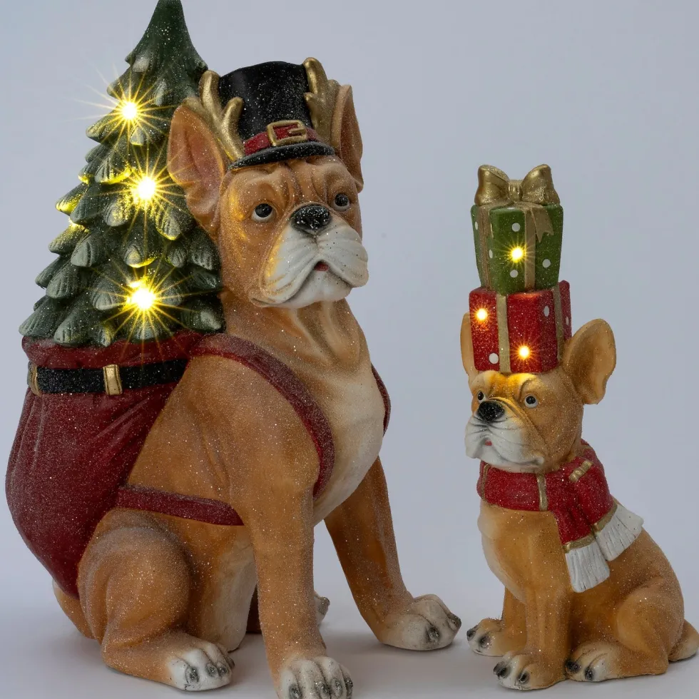 Intratuin kerstfiguur Finnor hond bruin / rood / groen met verlichting 23 x 14,5 x 45 cm