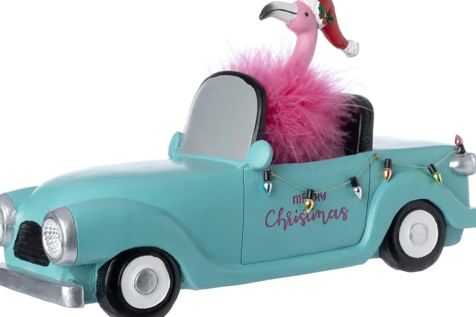 Intratuin kerstfiguur flamingo in auto groen / roze met verlichting 26,5 x 10 x 15,5 cm