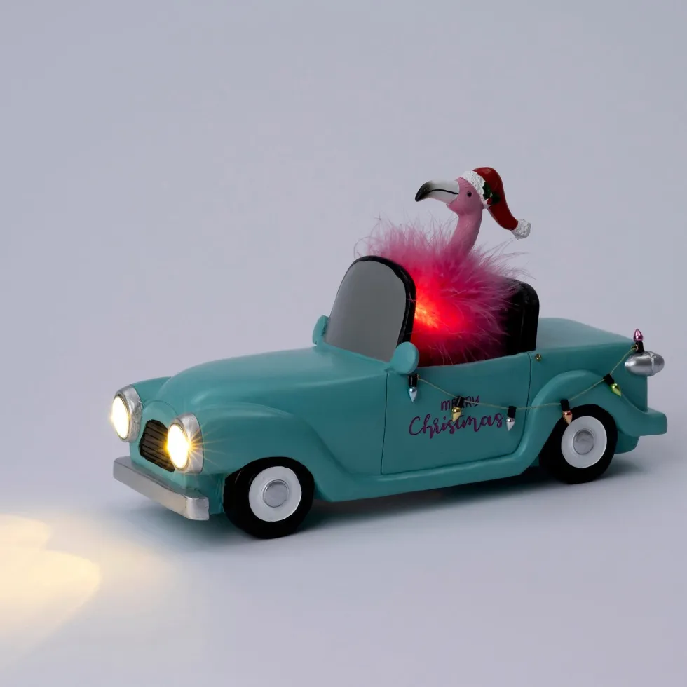Intratuin kerstfiguur flamingo in auto groen / roze met verlichting 26,5 x 10 x 15,5 cm