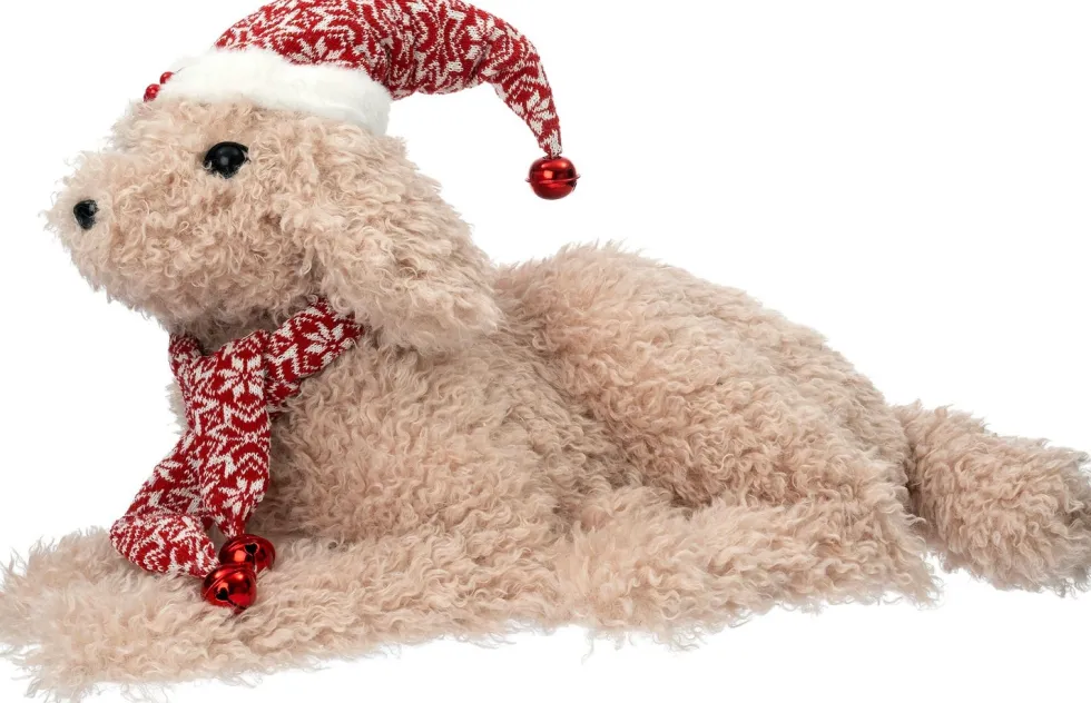 Intratuin kerstfiguur hond met kerstmuts beige 59 x 32 x 30 cm