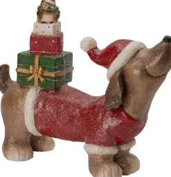 Intratuin kerstfiguur hond teckel met cadeaus bruin LED warm wit 40,5 x 16,5 x 48,5 cm